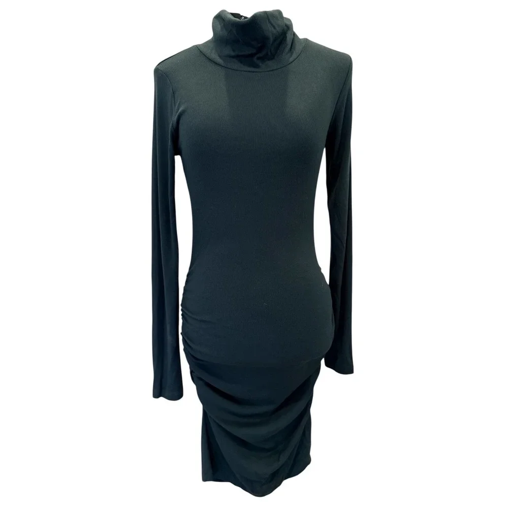 Michael Stars Balsam Green Ribbed Ruched Turtleneck Bodycon Dress Medium NEW